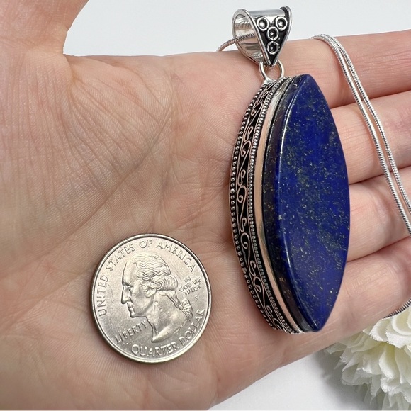 Large Lapis Lazuli Pendant Necklace Sterling Silver 925 Marquise Vintage Antique - Picture 7 of 11